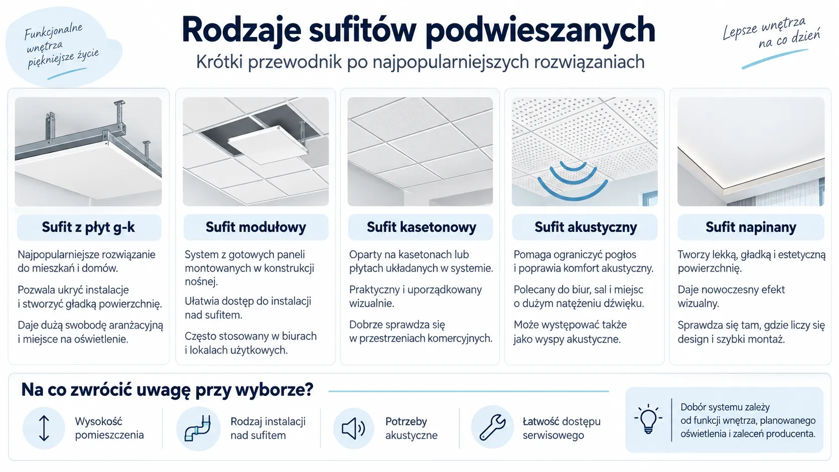 Rodzaje sufitów podwieszanych - krótki przewodnik po najpopularniejszych rozwiązaniach