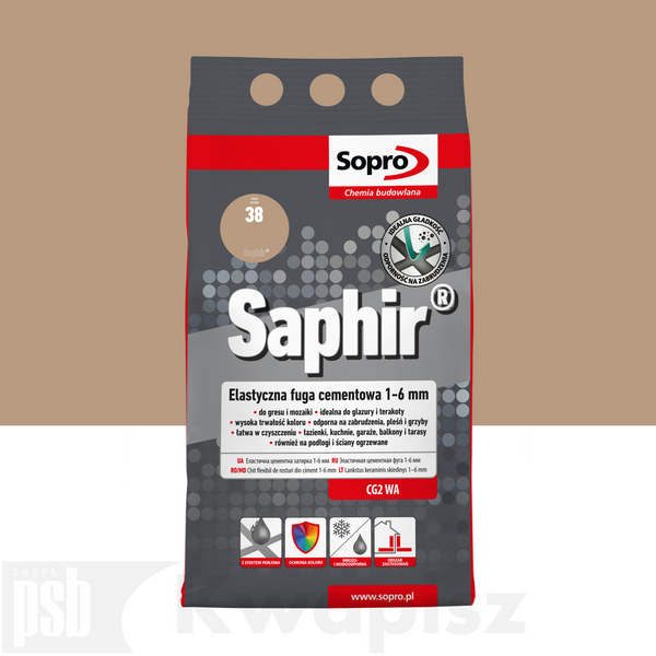 Elastyczny klej do fug SOPRO 9520A_SAPHIR, 1-6 mm, KARMEL 38, 4 kg - idealny do wykończeń i remontów, doskonała przyczepność i trwałość.