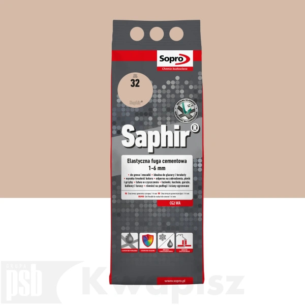 SOPRO 9517A_SAPHIR Elast. Fuga Cemen. 1-6mm Beżowy 32 4kg - elastyczna fuga do płytek, idealna do zastosowań wewnętrznych i zewnętrznych.