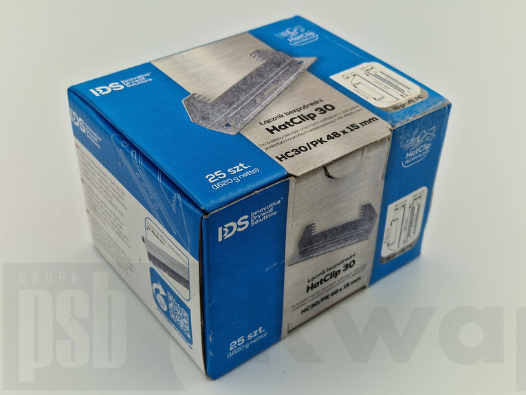 Łącznik HatClip 30 (5906506982107). Wydajność: ~3,5szt/m2. Dystans od 15mm. Do profili kapeluszowych 48x15. Opakowanie 25szt