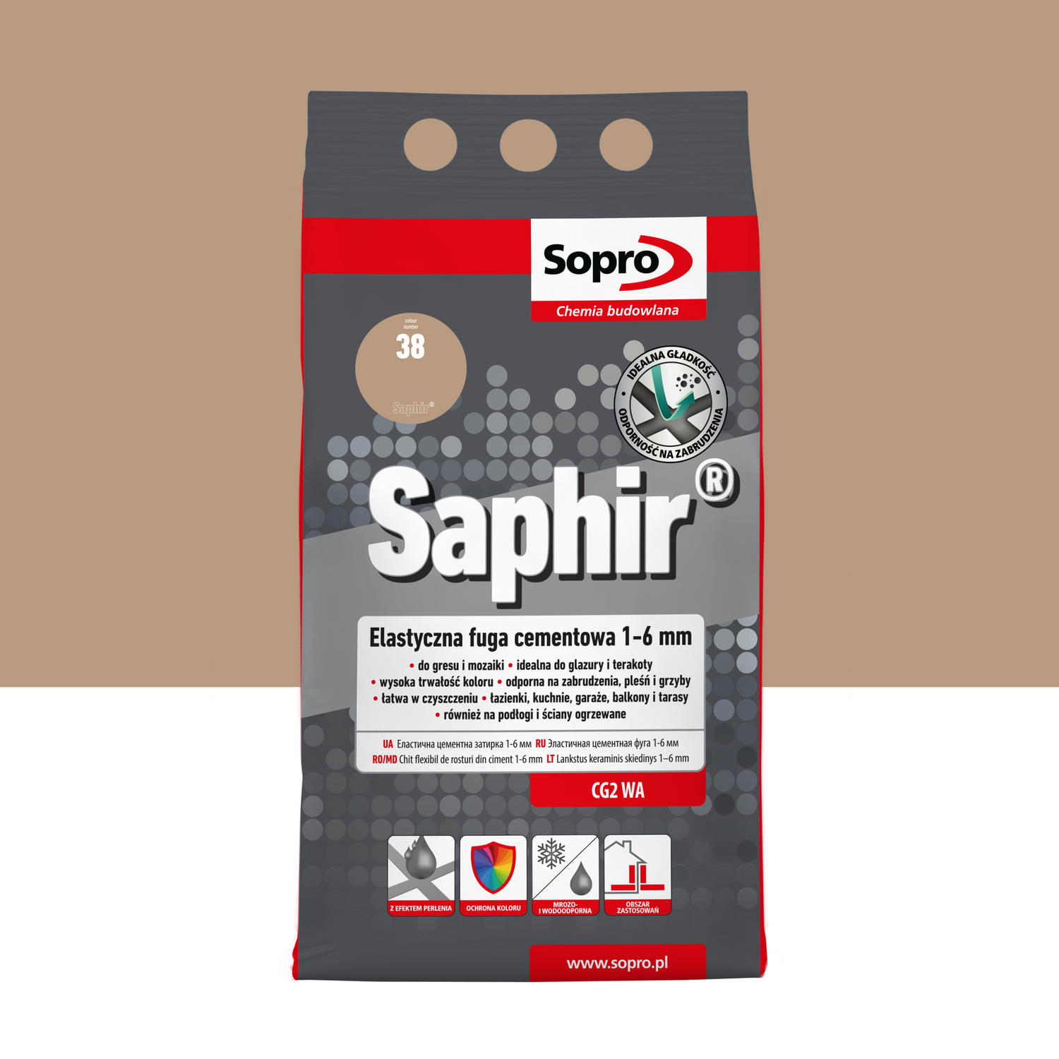 Elastyczny klej do fug SOPRO 9520A_SAPHIR, 1-6 mm, KARMEL 38, 4 kg - idealny do wykończeń i remontów, doskonała przyczepność i trwałość.